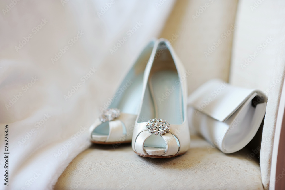 Elegant bridal shoes and a handbag