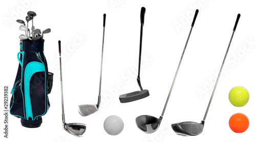 Photo: Set of golf clubs and bag with balls. Set of golf clubs and bag with balls.