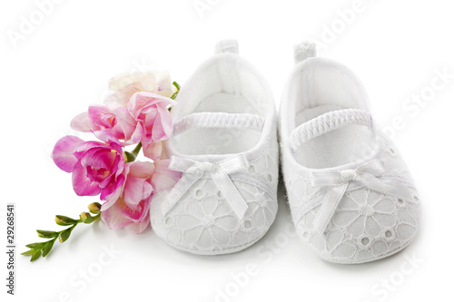 Baby Girl White Shoes on Photo  Baby Girl Shoes With Pink Flowers Isolated On White Background