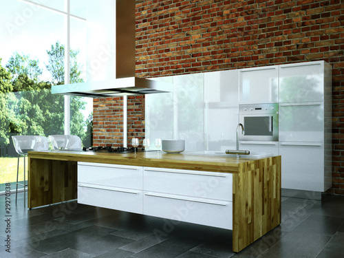 Illustration: 3D Rendering Küche weiß mit Holz 3D Rendering Küche weiß mit Holz