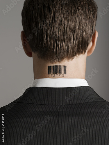 barcode tattoo on neck. Young man with ar code tattoo