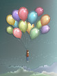 Man flying with colorful balloons
