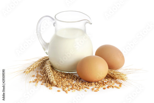 Photo: Fresh milk, wheat seeds and two eggs Fresh milk, wheat seeds and two eggs