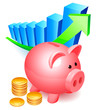 Piggy bank with golden coins and graph.