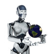 Stylish robot holds our earth in its cyber hands
