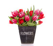a bouquet with mixes red pink tulips in a wooden flower pot with a bouquet with mixes red pink tulips in a wooden flower pot with