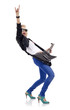 woman guitarist with hand in the air woman guitarist with hand in the air