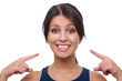 young woman shows us her happy smile young woman shows us her happy smile
