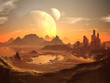 Twin Moons over Alien Desert City with Pyramids Twin Moons over Alien Desert City with Pyramids