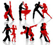 Silhouettes of the pairs dancing ballroom dances. Tango, step.