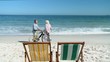 Aged man talking with his wife after a bike ride