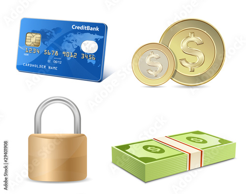 credit card icon set. Zoom Not Available: Vector images scale to any size. Vector finance icon set. Credit card, coins, banknotes, padlock.