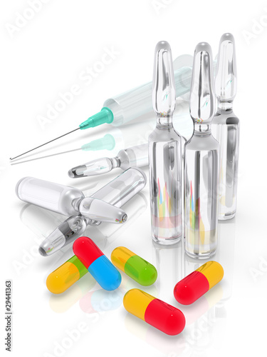 Photo: 3D render of injection, ampules and pills. 3D render of injection, ampules and pills.