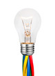 Glowing Lightbulb Attached to Colored Cables Isolated on White Glowing Lightbulb Attached to Colored Cables Isolated on White