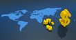Shiny and glossy yellow dollar currency symbol with world map