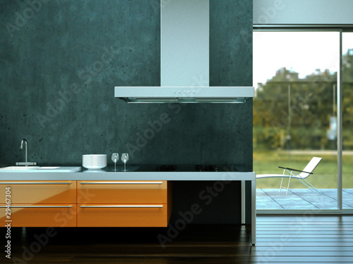 Illustration: 3D Rendering Küche grau orange 3D Rendering Küche grau orange