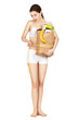Girl measuring her waist keeping products