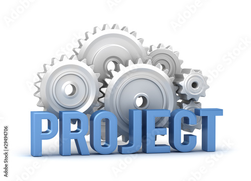 Illustration: Project word with cogs in background isolated on white Project word with cogs in background isolated on white