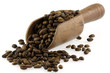 grains de café torréfié dans une cuiller-pelle en bois