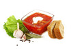borsch in glass dish. Isolated over white. Shallow DOF