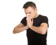 young man with snotty, runny nose and handkerchief