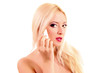 Close-up face of beautiful young woman wirh sponge. Isolated on Close-up face of beautiful young woman wirh sponge. Isolated on