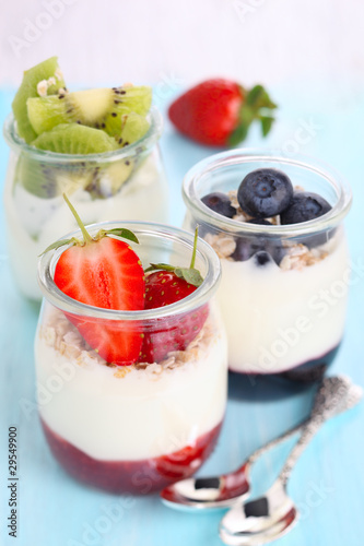 Photo: Natural yogurt with jam and fresh berries (strawberry, blueberr Natural yogurt with jam and fresh berries (strawberry, blueberr