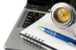 notebook laptop, compass and blue pen isolated on white