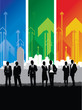 business people on a cityscape and arrow background