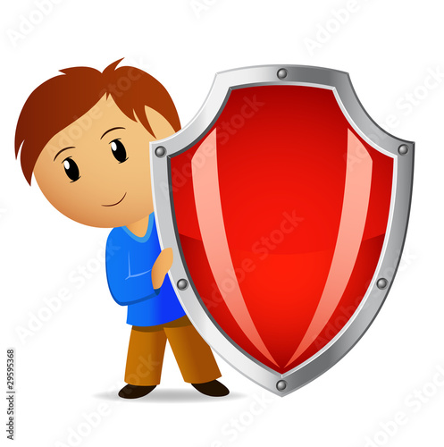 Vector: Cartoon illustration of boy with red shield Cartoon illustration of boy with red shield