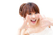 a portrait of beautiful asian woman cheering
