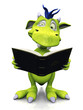 Cute cartoon monster looking confused when reading.