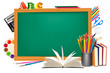 Back to school. Green desk with school supplies. Vector. Back to school. Green desk with school supplies. Vector.