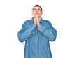 Young man praying, isolated on white background