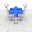 Teamwork: 3D anonymous characters assembling a jigsaw puzzle