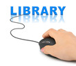 Hand with computer mouse and word Library Hand with computer mouse and word Library