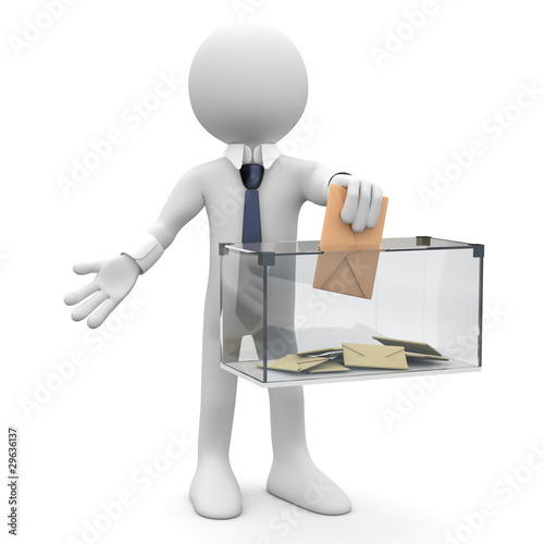 Illustration: Man with tie and suit, before a ballot box, voting Man with tie and suit, before a ballot box, voting