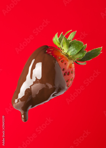 Photo: Erdbeere mit Schokoladenüberzug, roter Hintergrund Erdbeere mit Schokoladenüberzug, roter Hintergrund