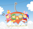 Happy snowboarders and skiers lift the in mountains Happy snowboarders and skiers lift the in mountains