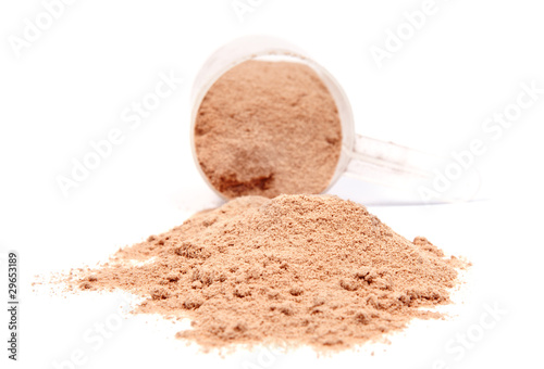 Photo: A scoop of chocolate whey isolate protein isolated on white back A scoop of chocolate whey isolate protein isolated on white back
