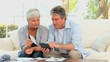Elderly couple calculating their bills on the sofa