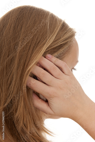 Foto: Blonde Frau hat Kopfschmerzen, Ohrenschmerzen Blonde Frau hat Kopfschmerzen, Ohrenschmerzen