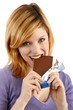 blond woman with a block of chocolate (white background)