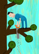 Fool man cut branch with a saw