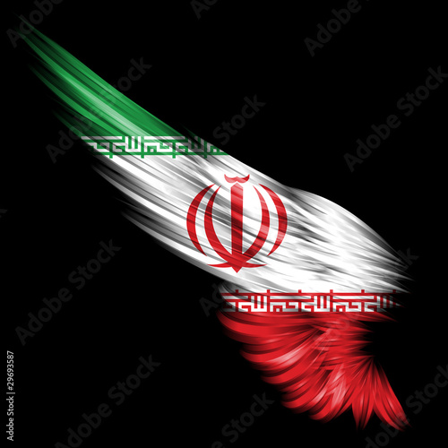 Illustration: Abstract wing with Iranian flag on black background Abstract wing with Iranian flag on black background