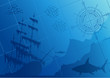 Underwater background with sharks, old ship and compass rose