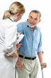 doctor or nurse talking with a senior man on crutches doctor or nurse talking with a senior man on crutches