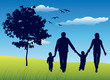 family with two children walking on summer field near tree, blue family with two children walking on summer field near tree, blue