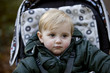 Portrait of a young boy sitting in a stroller