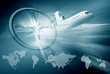 airplane, compass, continent maps on blue background airplane, compass, continent maps on blue background